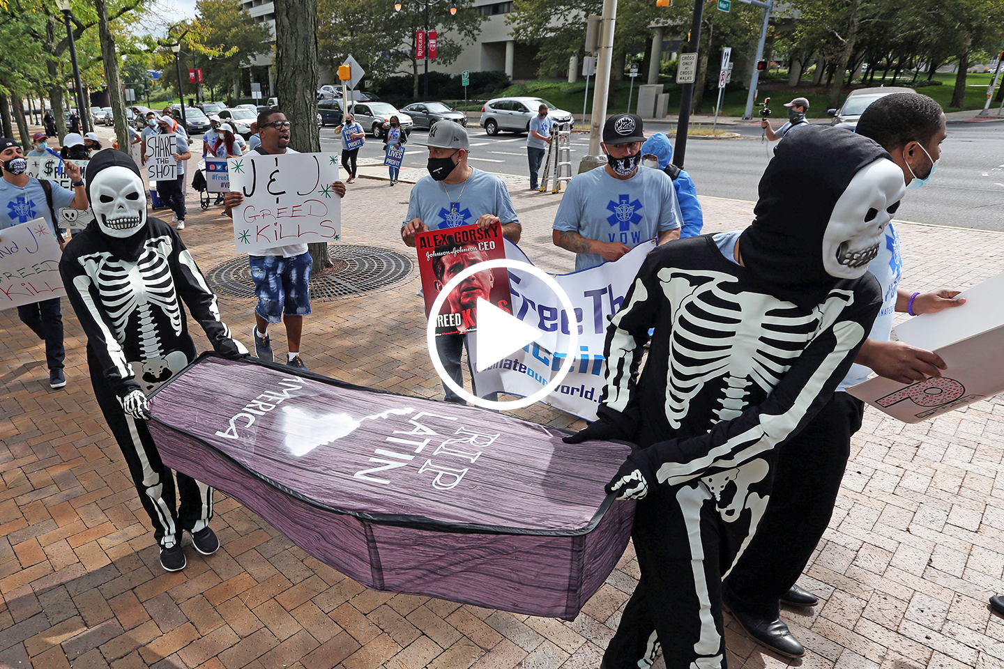 Click the video to watch highlights from the "Vaccinate Our World" protest at Johnson & Johnson's New Jersey headquarters on Sep. 22. Photo: Bruce Gilbert, AP Images